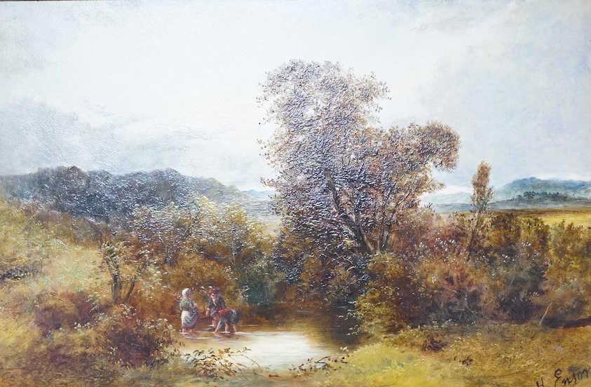 Mrs Henry M Ensor, Children playing in the water, signed, oil on board, June Elsworth paperwork verso, 29 x 44cm, ornate gilt frame